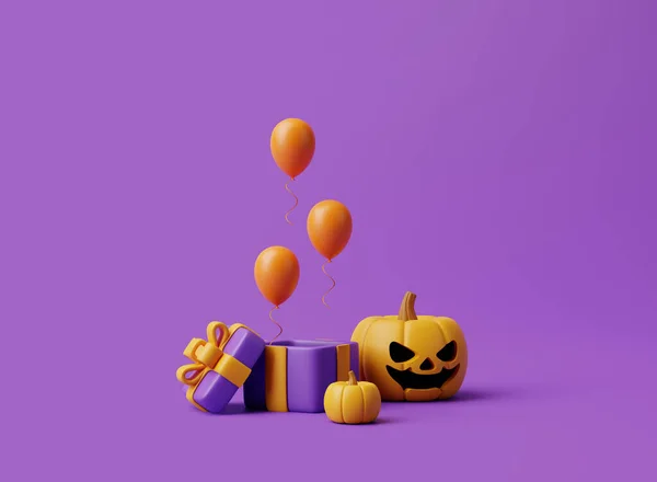 Otevřená Dárková Krabice Balónky Halloween Jack Lantern Dýně Fialovém Pozadí — Stock fotografie