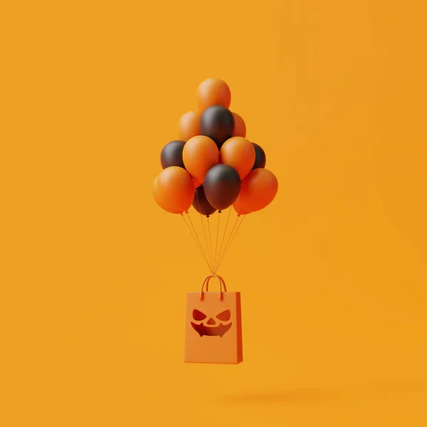 オレンジの背景に浮かぶジャックランタンのカボチャのショッピングバッグと風船 ハッピーハロウィンのコンセプト 伝統的な10月の休日 3Dレンダリング図 — ストック写真
