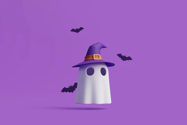 Prosty Duch Kreskówki Halloween Noszący Kapelusz Czarownicy Czarnymi Nietoperzami Fioletowym — Zdjęcie stockowe