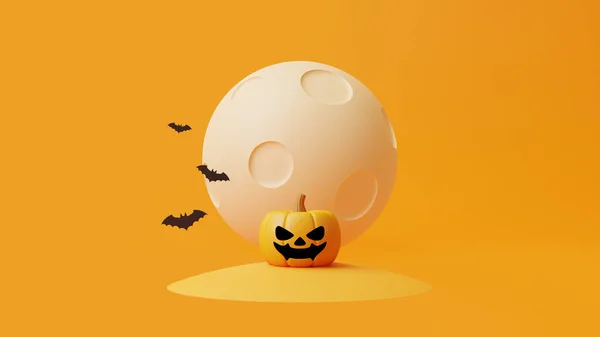 オレンジの背景に月の下でジャック ランタンのカボチャとコウモリ ハッピーハロウィンのコンセプト 伝統的な10月の休日 3Dレンダリング図 — ストック写真