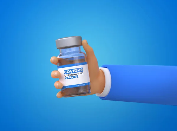 Houdt Een Vaccin Handen Blauwe Achtergrond Cartoon Karakter — Stockfoto