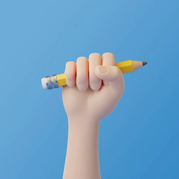 Cartoon hand holding a pencil on a blue background. 3d render illustration
