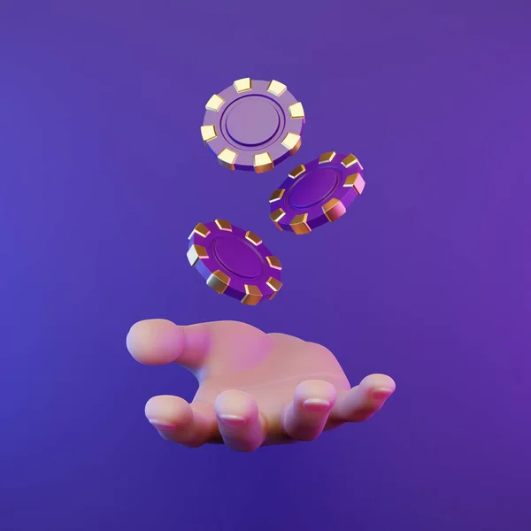 紫の背景にポーカーチップと漫画の手 3Dレンダリング図 — ストック写真