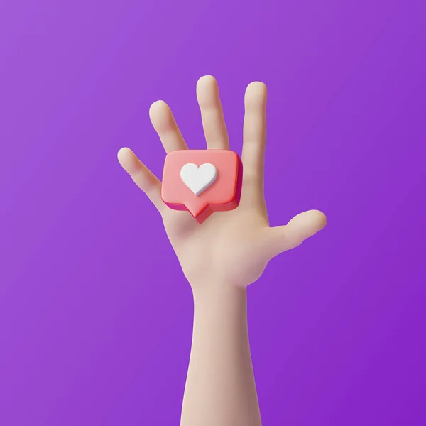 紫色の背景にスピーチバブルアイコンの心を持つ漫画の手 ハートのソーシャルメディア通知アイコンのような愛 絵文字 チャット ソーシャルネットワーク 3Dレンダリング 3Dイラスト — ストック写真