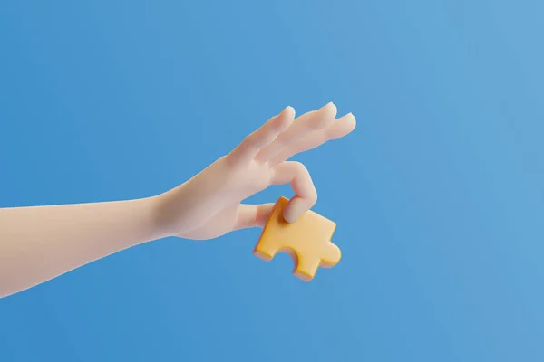 Cartoon Hand Holding Puzzle Piece Blue Background Rendering Illustration — Stock Photo, Image
