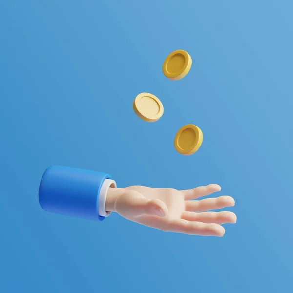青い背景に黄金のコインをキャッチビジネスマンの漫画の手 寄付と投資の概念 3Dレンダリング図 — ストック写真