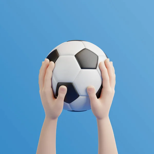 Mãos Desenhos Animados Segurando Bola Futebol Fundo Azul Ilustração Renderização — Fotografia de Stock
