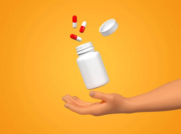 Tient Une Bouteille Pilules Dans Les Mains Sur Fond Jaune — Photo