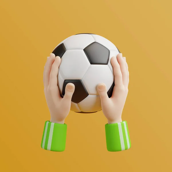 Mãos Desenhos Animados Segurando Bola Futebol Fundo Amarelo Ilustração Renderização — Fotografia de Stock