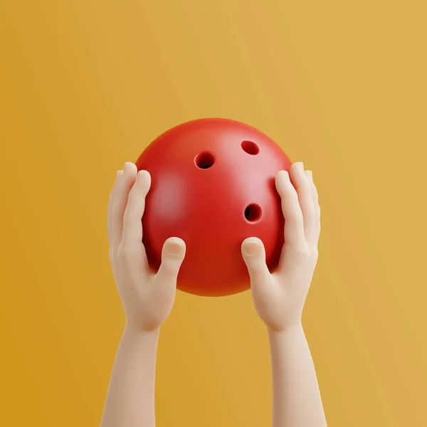 黄色の背景にボーリングボールを保持漫画の手 3Dレンダリング図 — ストック写真
