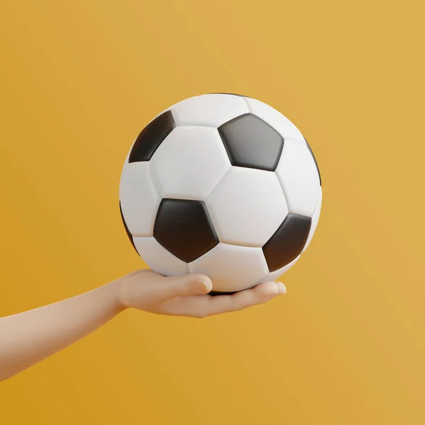 Мультяшна Рука Тримає Футбольний Жовтому Тлі Ілюстрація Рендеринга — стокове фото