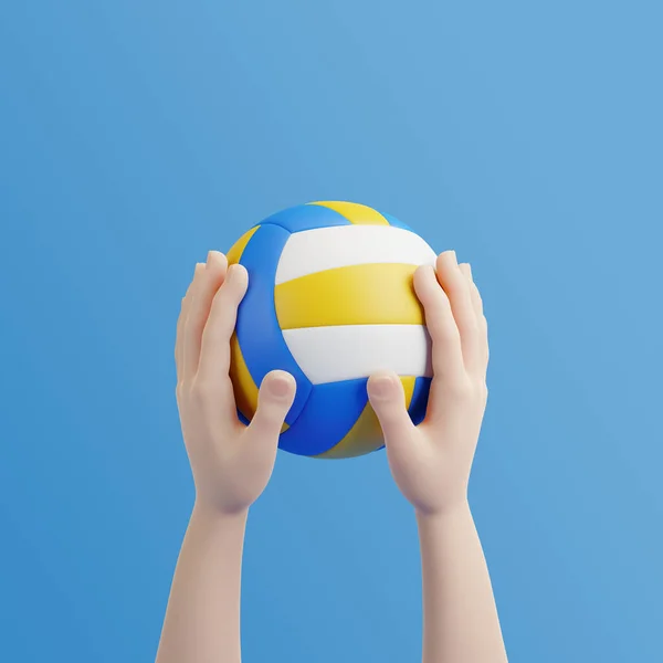 Мультяшна Рука Тримає Волейбол Синьому Фоні Ілюстрація Рендеринга — стокове фото