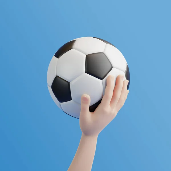 Cartoon Mão Segurando Bola Futebol Fundo Azul Ilustração Renderização — Fotografia de Stock