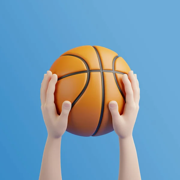 Dessin Animé Main Tenant Basket Sur Fond Bleu Illustration Rendu — Photo