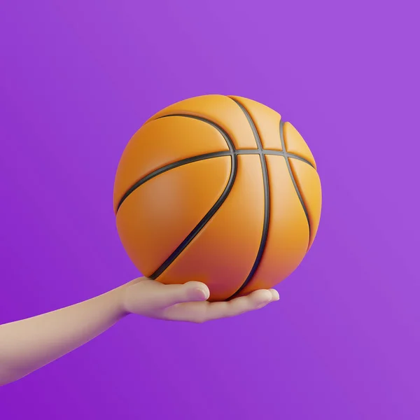 Cartoon Hand Met Basketbal Een Paarse Achtergrond Weergave Illustratie — Stockfoto