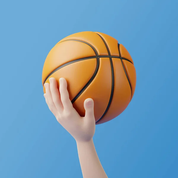Dessin Animé Main Tenant Basket Sur Fond Bleu Illustration Rendu — Photo
