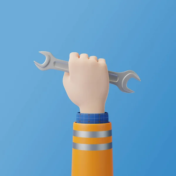 Mão Dos Desenhos Animados Segurando Ferramenta Chave Fundo Azul Ilustração — Fotografia de Stock