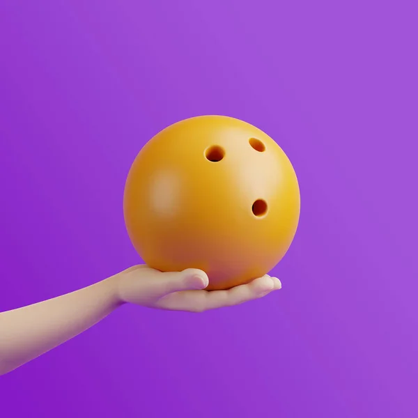 紫色の背景にボーリングボールを保持漫画の手 3Dレンダリング図 — ストック写真