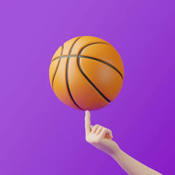卡通手拿着紫色背景的篮球 3D渲染说明 — 图库照片