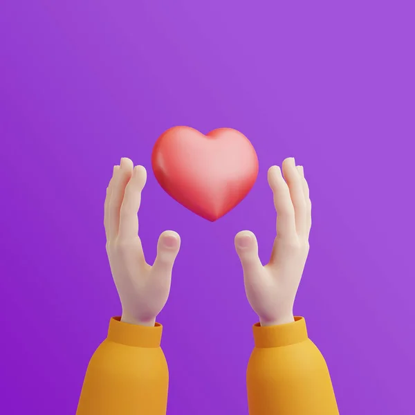 Mãos Desenhos Animados Segurando Ícone Coração Inflado Fundo Roxo Ilustração — Fotografia de Stock