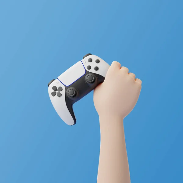 Cartoonhand Mit Gamepad Auf Blauem Hintergrund Joystick Für Videospiele Spielkontrolle — Stockfoto