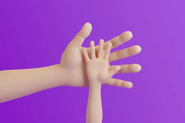 妈妈或爸爸的卡通手把小孩的手放在紫色背景的手上 3D渲染说明 — 图库照片