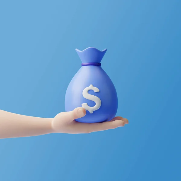 Cartoon hand holding a bag of money on a blue background. 3D rendering illustration