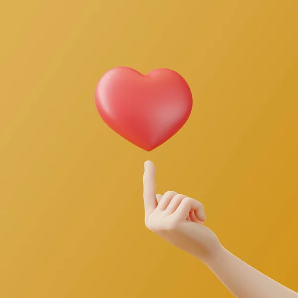 Mão Dos Desenhos Animados Segurando Ícone Coração Inflado Fundo Amarelo — Fotografia de Stock