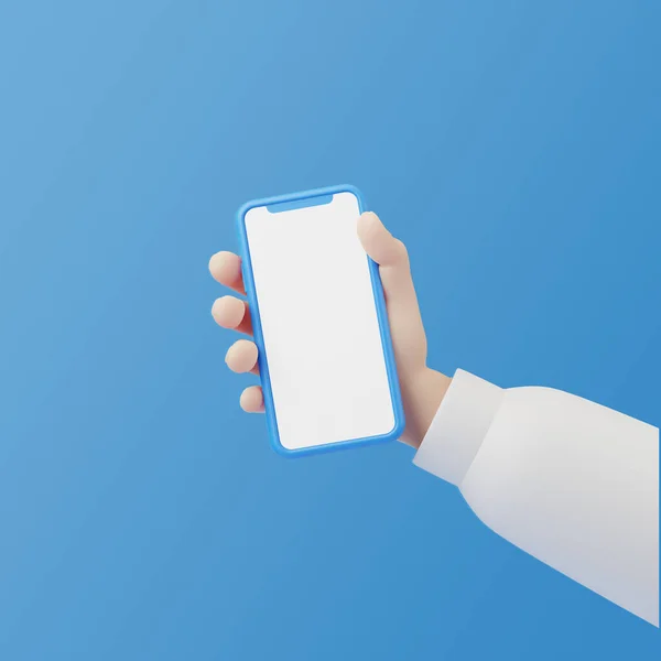 青い背景の上に隔離された空白の画面と漫画の手を保持スマートフォン 3Dレンダリング図 — ストック写真