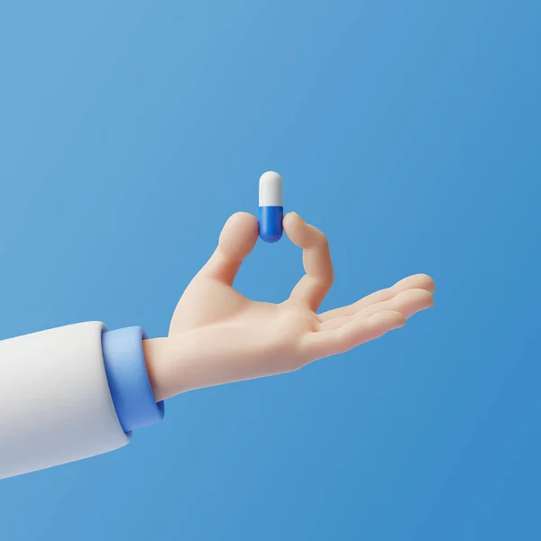 Cartoon Hand Holding Pill Blue Background Doctor Giving Drug Antibiotic — Stock Photo, Image