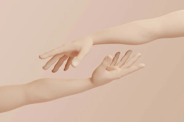 Cartoon hands reaching out to each other on a pastel beige background. 3d rendering illustration