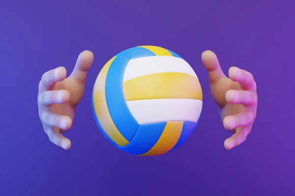 Tecknad Händer Fånga Volleyboll Lila Bakgrund Återgivning Illustration — Stockfoto