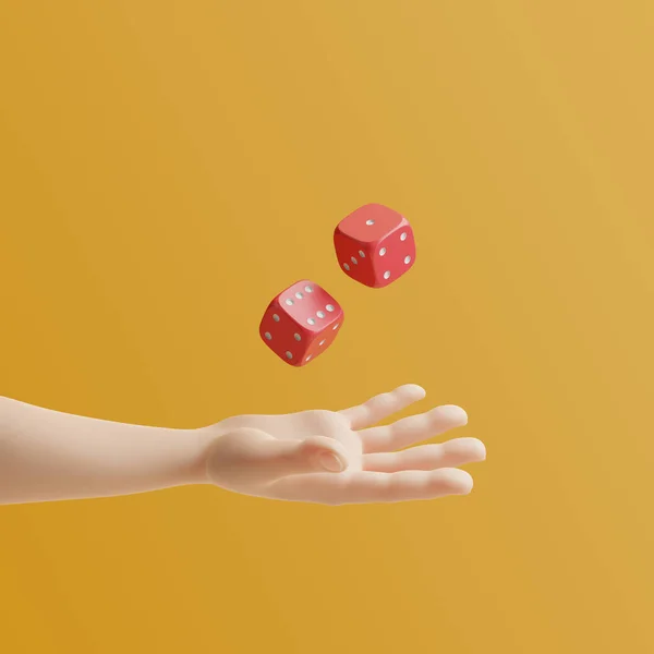 Cartoon Hand Tossing Red Dice Air Yellow Background Render Illustration — Stock Photo, Image