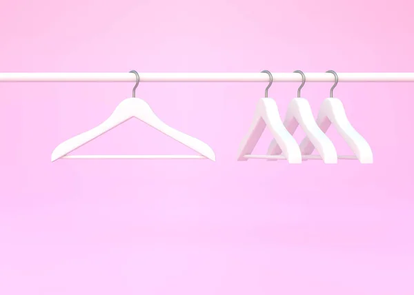 Λευκό Ράφι Λευκά Ρούχα Κρεμάστρες Που Απομονώνονται Ροζ Φόντο Απόδοση — Φωτογραφία Αρχείου