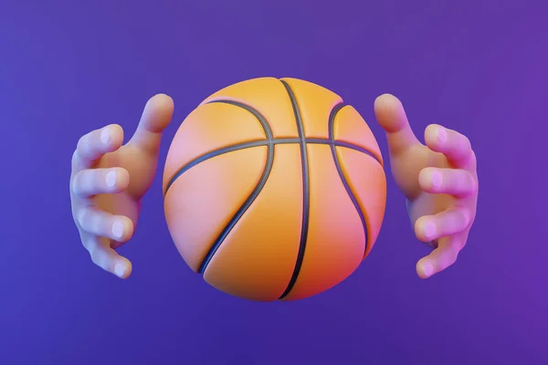 Manos Dibujos Animados Atrapando Una Pelota Baloncesto Sobre Fondo Púrpura — Foto de Stock