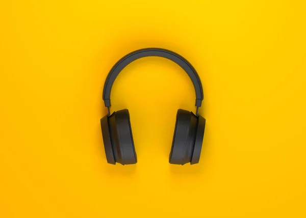 黄色背景上的无线耳机 顶部视图 3D渲染说明 — 图库照片