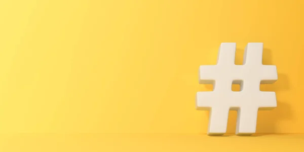 Vit Hashtag Symbol Gul Bakgrund Minimalt Kreativt Koncept Framifrån Återgivning — Stockfoto