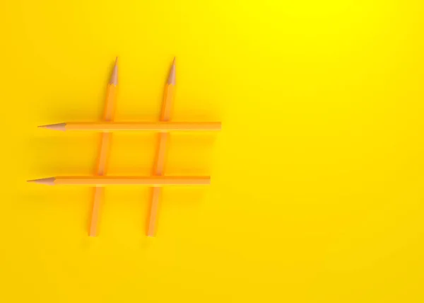 带有复制空间的黄色背景铅笔做的Hashtag标志 创意和社交媒体社区的概念 3D渲染说明 — 图库照片