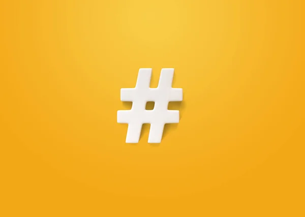 Witte Hashtag Symbool Een Gele Achtergrond Minimaal Creatief Concept Bovenaanzicht — Stockfoto