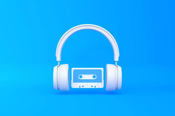 Drahtlose Kopfhörer Mit Audiokassette Auf Blauem Hintergrund Frontansicht Darstellung — Stockfoto