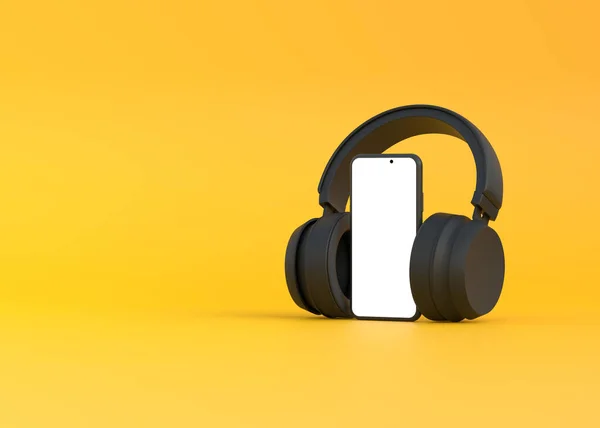 黄色の背景にスマートフォンとワイヤレスヘッドフォン オンライン音楽 ラジオ ポッドキャスト 書籍を聴くための概念 3Dレンダリング図 — ストック写真