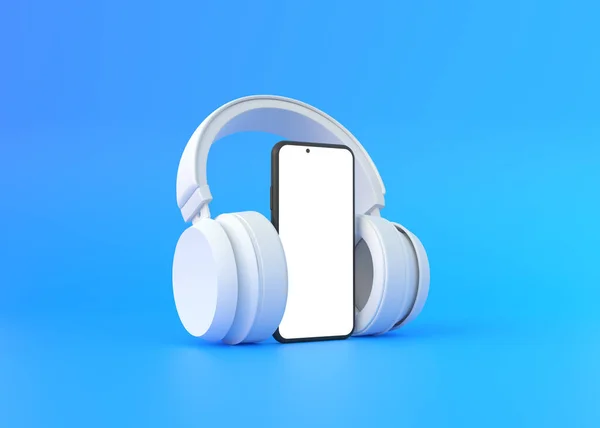 Auriculares Inalámbricos Con Smartphone Sobre Fondo Azul Concepto Para Música — Foto de Stock