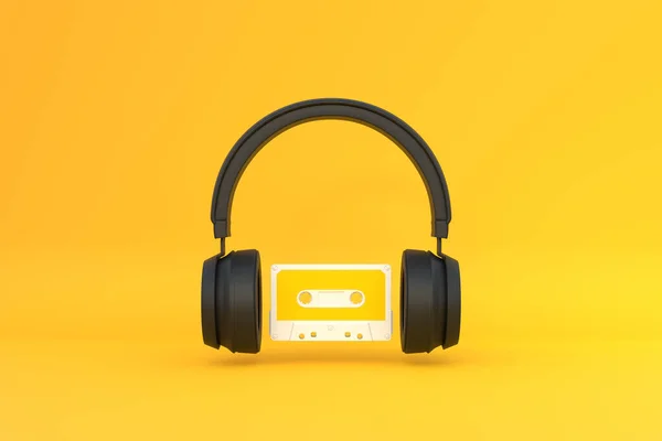 Draadloze Hoofdtelefoon Met Audiocassette Een Gele Achtergrond Vooraanzicht Weergave Illustratie — Stockfoto