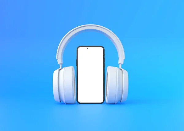 青い背景にスマートフォンとワイヤレスヘッドフォン オンライン音楽 ラジオ ポッドキャスト 書籍を聴くための概念 3Dレンダリング図 — ストック写真