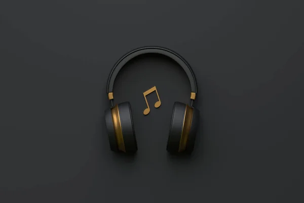 黒い背景に音楽ノート付きのワイヤレスヘッドフォン 最上階だ 3Dレンダリングイラスト — ストック写真