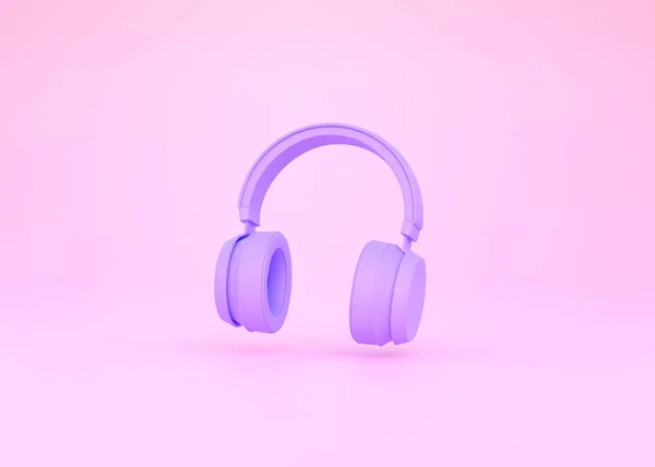 ピンクの背景に空気中の紫色のワイヤレスヘッドフォン 3Dレンダリング図 — ストック写真
