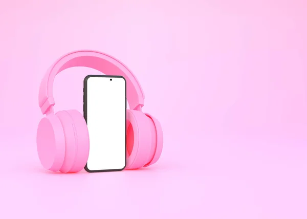 ピンクの背景にスマートフォンとワイヤレスヘッドフォン オンライン音楽 ラジオ ポッドキャスト 書籍を聴くための概念 3Dレンダリング図 — ストック写真
