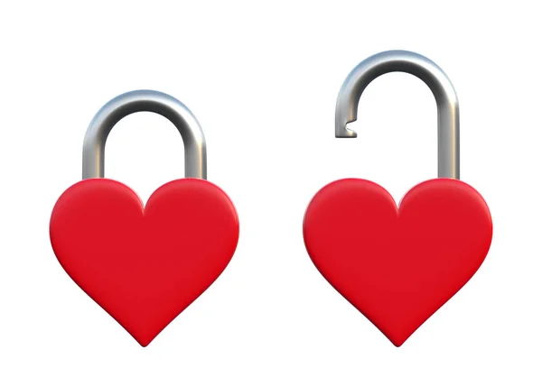 Cadeados Fechados Desbloqueados Vermelhos Forma Coração Isolado Fundo Branco Conceito — Fotografia de Stock