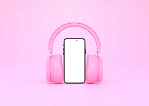 ピンクの背景にスマートフォンとワイヤレスヘッドフォン オンライン音楽 ラジオ ポッドキャスト 書籍を聴くための概念 3Dレンダリング図 — ストック写真