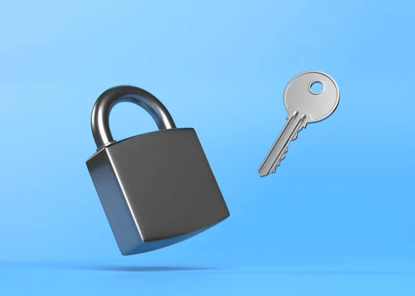 Lock and key fly on bright blue background. Security concept. 3D rendering 3D illustration